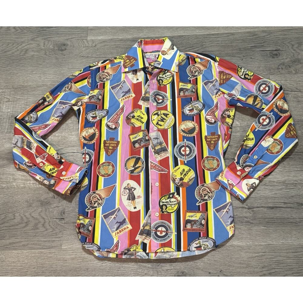 Coton Doux Paris Long Sleeve Button Up Shirt 38 Vintage Airline All Over Print